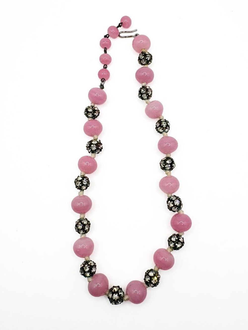 Vintage 1950s Pink Art Glass Bead & Rhinestone Choker Necklace